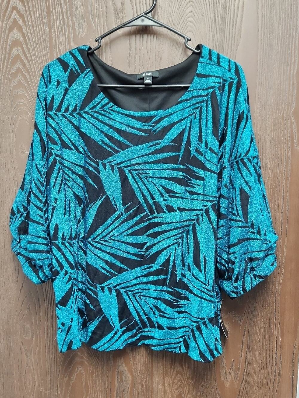 Alfani Teal and Black Palm-Leaf Print Blouse